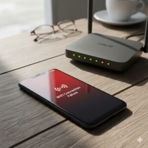 Ilustrasi HP Redmi yang gagal terhubung ke jaringan WiFi