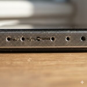 Ilustrasi grill speaker HP yang kotor dan rusak ringan