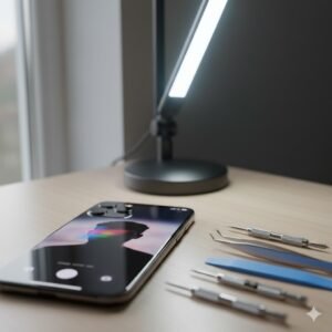 Ilustrasi kamera depan iPhone yang tidak berfungsi dengan alat servis di sekitarnya