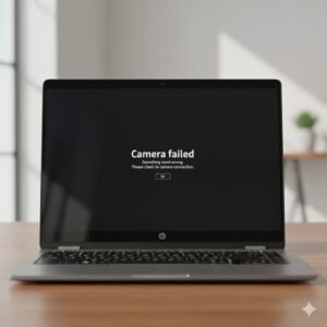 Ilustrasi laptop HP dengan kamera yang gagal terbuka menampilkan pesan error