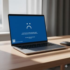 Ilustrasi laptop Windows 10 dengan layar blue screen dan kode error sistem