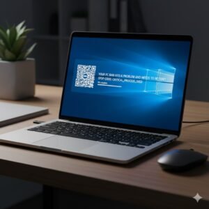 Ilustrasi laptop Windows dengan tampilan blue screen error Critical Process Died di layar