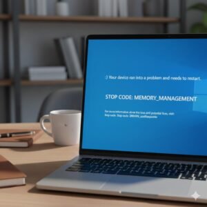 Ilustrasi laptop Windows dengan tampilan blue screen error memory management