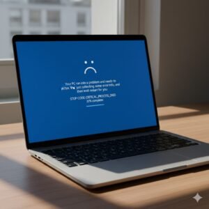 Ilustrasi laptop Windows mengalami blue screen dengan kode error di layar