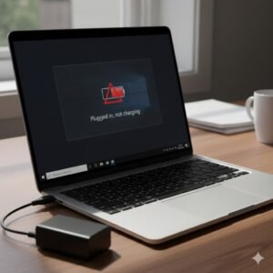 Ilustrasi laptop dengan indikator baterai tidak mengisi di layar