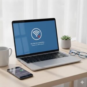 Ilustrasi laptop gagal terhubung ke hotspot HP dengan ikon error jaringan