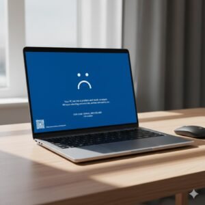 Ilustrasi layar laptop Windows 10 menampilkan pesan blue screen dengan kode error