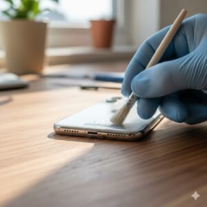 Ilustrasi pembersihan lubang speaker iPhone oleh teknisi untuk mengatasi suara tidak keluar