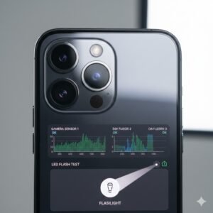 Ilustrasi pemeriksaan dan pengujian LED flash pada kamera iPhone