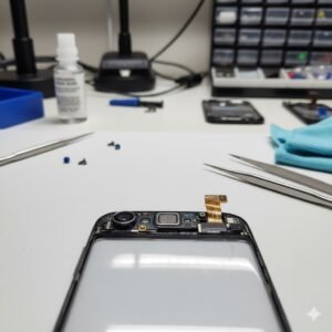 Ilustrasi pemeriksaan kamera depan HP Samsung di meja servis