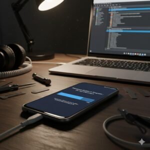 Ilustrasi proses flashing HP yang sedang diperbaiki karena tidak menyala