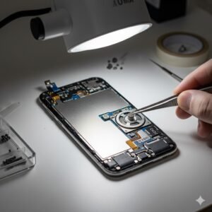 Ilustrasi teknisi memeriksa kerusakan mic dan speaker pada ponsel