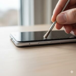 Teknisi sedang membersihkan lubang mic HP Xiaomi dengan alat lembut untuk mengembalikan fungsi suara