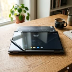 Ilustrasi laptop convertible dengan layar touchscreen yang bisa dilipat 360 derajat