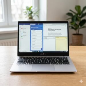 Ilustrasi laptop ideal untuk bekerja, menunjukkan produktivitas tinggi dengan desain modern