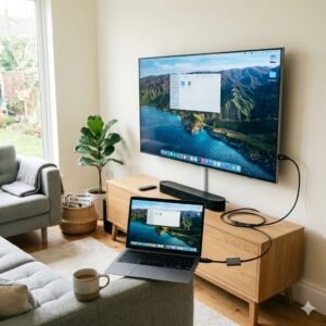 Ilustrasi laptop yang tersambung ke TV menggunakan kabel HDMI untuk tampilan layar lebih besar