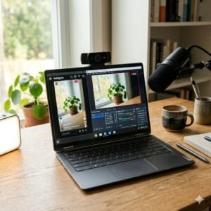 Ilustrasi live Instagram di laptop menggunakan software streaming dan webcam