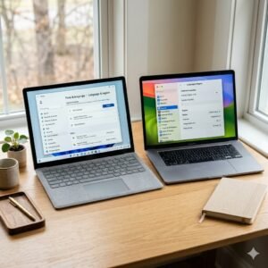 Ilustrasi menu pengaturan bahasa di laptop Windows dan Mac