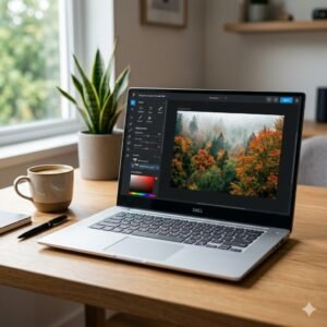 Ilustrasi penggunaan website foto di laptop untuk edit gambar tanpa instal aplikasi