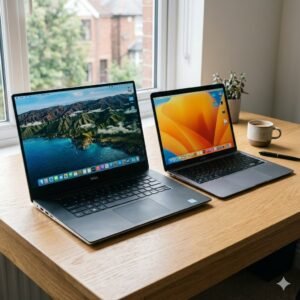 Ilustrasi perbandingan ukuran dan desain laptop dan notebook di atas meja kerja