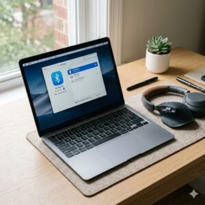 Ilustrasi proses mengaktifkan Bluetooth di laptop untuk terhubung ke perangkat wireless