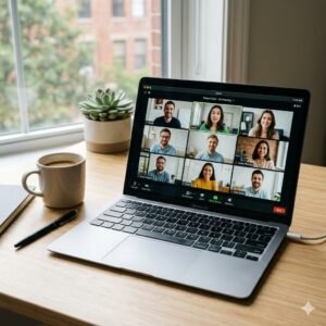 Ilustrasi tampilan aplikasi Zoom di laptop saat meeting berlangsung